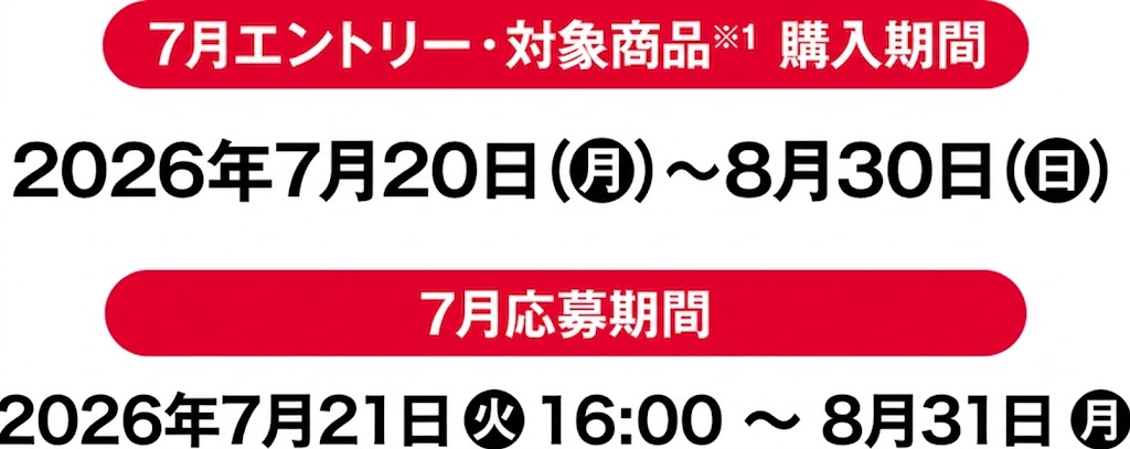6月エントリー・対象商品※1 購入期間 2026年6月1日(月)〜6月30日(火) 6月応募期間 2026年6月2日(火)16:00〜7月7(火)
